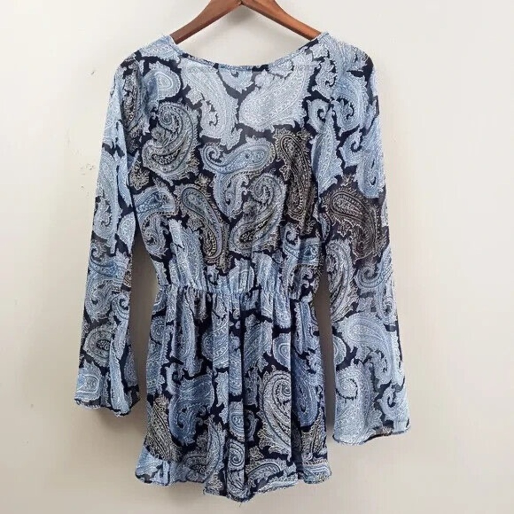 Honey Belle Romper Women Size Small Blue Paisley Long Sleeve